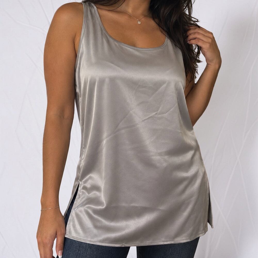 St. John Silver Satin Side Slit Sleeveless Tunic Tank Top Size XL